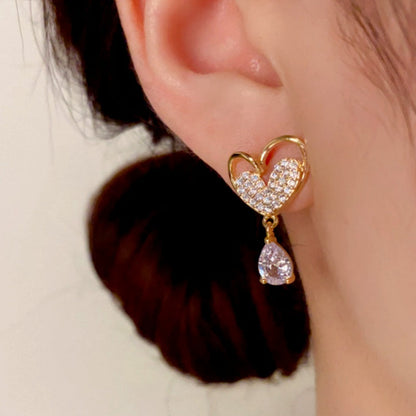 14K Gold-Plated Zircon Heart Tassel Earrings