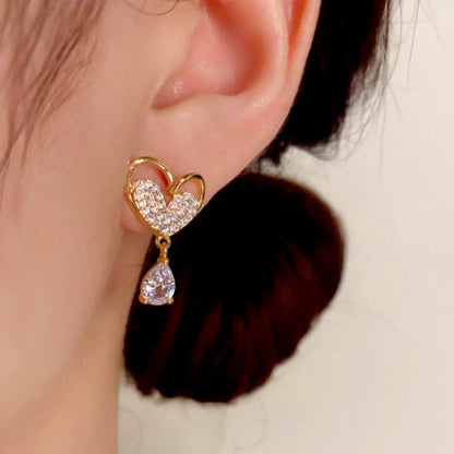 14K Gold-Plated Zircon Heart Tassel Earrings