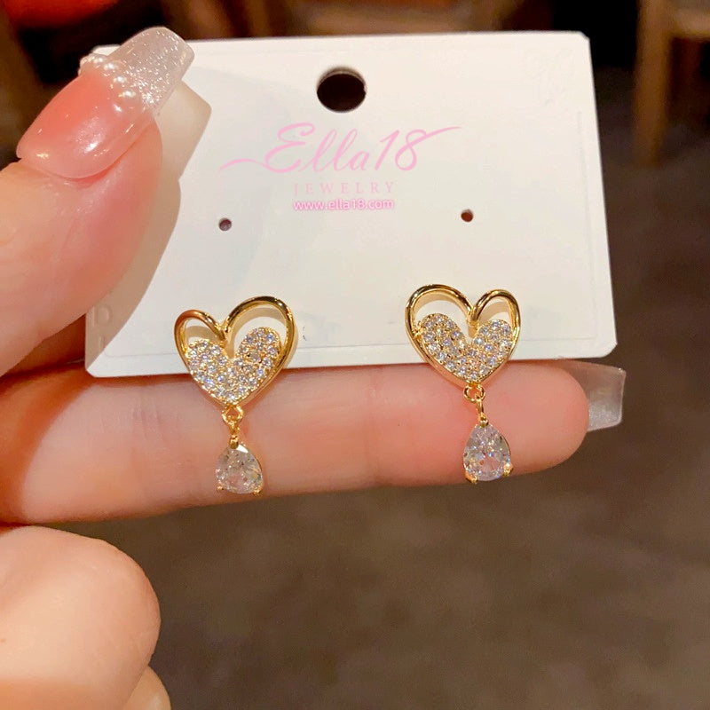 14K Gold-Plated Zircon Heart Tassel Earrings