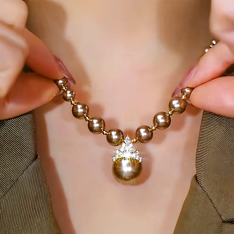14K Gold-Plated Zircon Inlaid Champagne Pearl Necklace