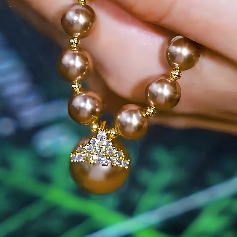 14K Gold-Plated Zircon Inlaid Champagne Pearl Necklace