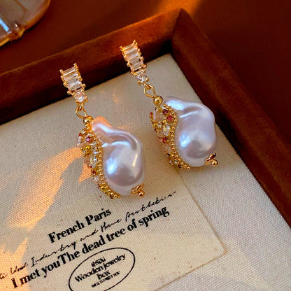 14K Gold-Plated Zircon Irregular Pearl Earrings