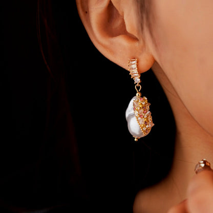 14K Gold-Plated Zircon Irregular Pearl Earrings
