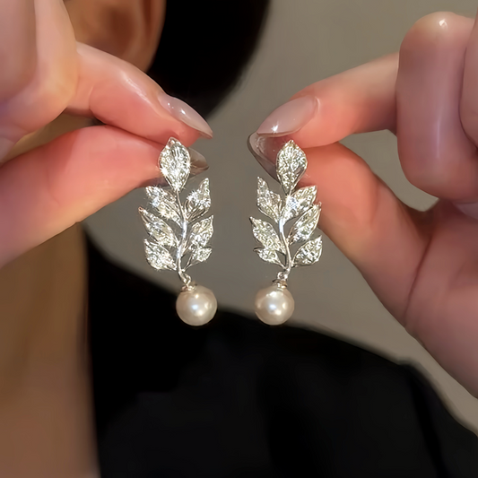 14K Gold-Plated Zircon Leaf Bead Earrings