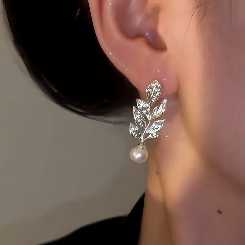 14K Gold-Plated Zircon Leaf Bead Earrings