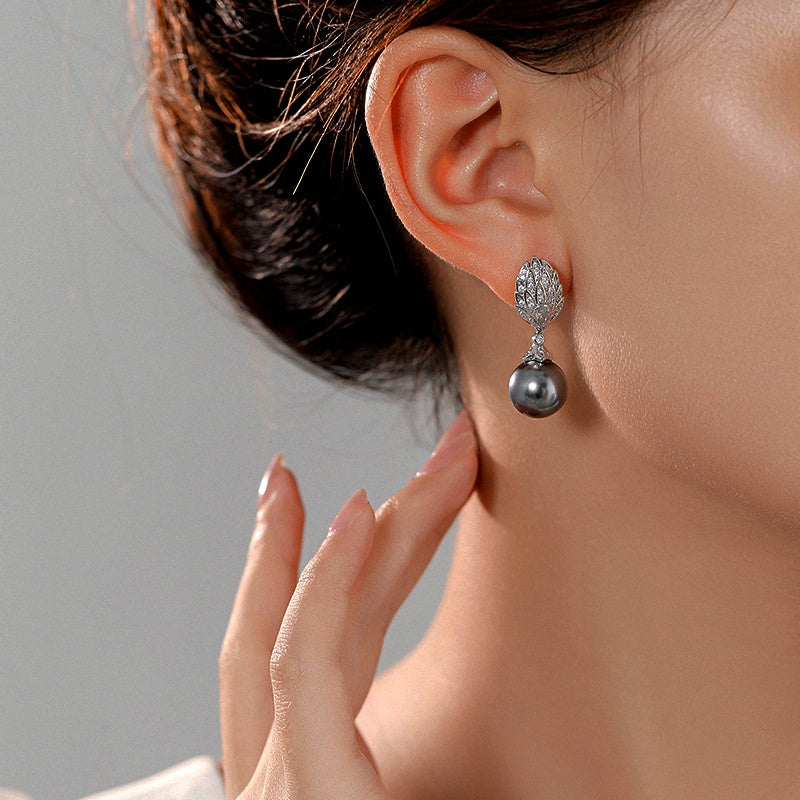 14K Gold-Plated Zircon Leaf Gray Pearl Earrings