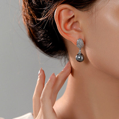 14K Gold-Plated Zircon Leaf Gray Pearl Earrings
