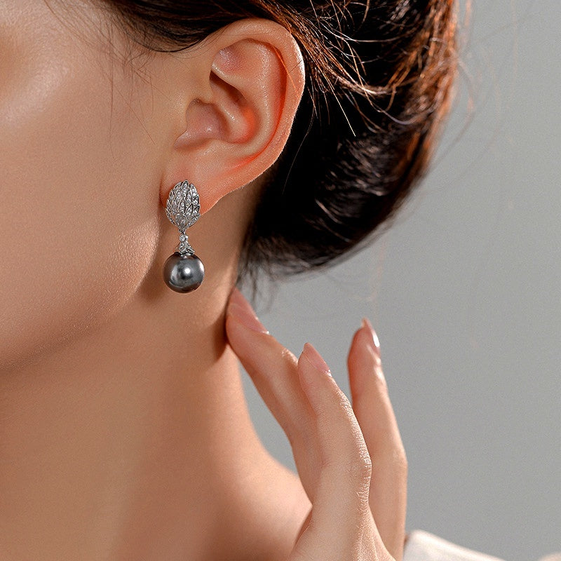 14K Gold-Plated Zircon Leaf Gray Pearl Earrings