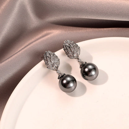 14K Gold-Plated Zircon Leaf Gray Pearl Earrings