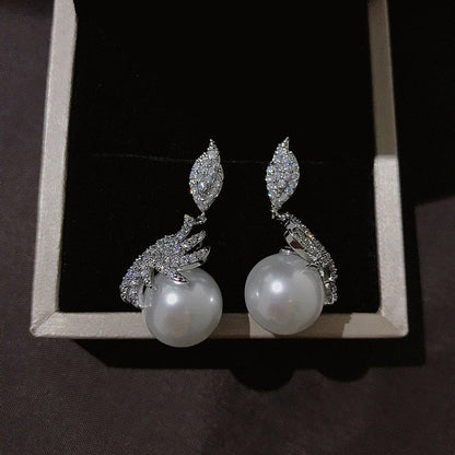 14K Gold-Plated Zircon Leaf Pearl Earrings