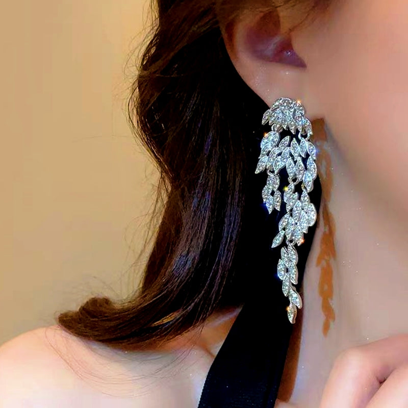 14K Gold-Plated Zircon Leaf Tassel Earrings