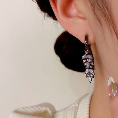 14K Gold-Plated Zircon Leaf Tassel Earrings