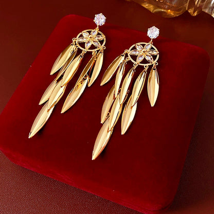 14K Gold-Plated Zircon Leaf Tassel Earrings