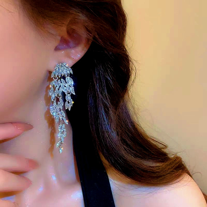 14K Gold-Plated Zircon Leaf Tassel Earrings