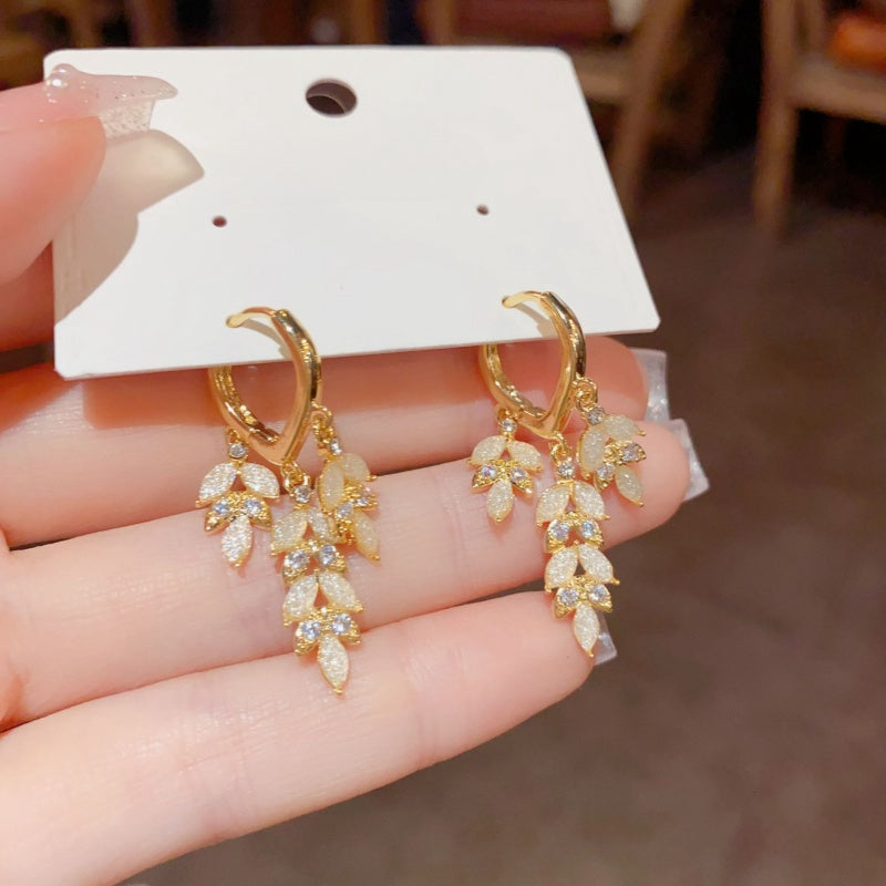 14K Gold-Plated Zircon Leaf Tassel Earrings