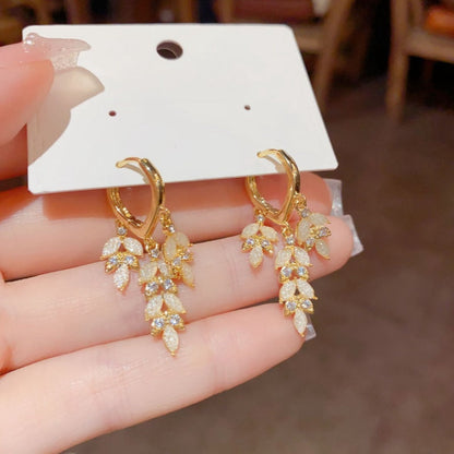 14K Gold-Plated Zircon Leaf Tassel Earrings