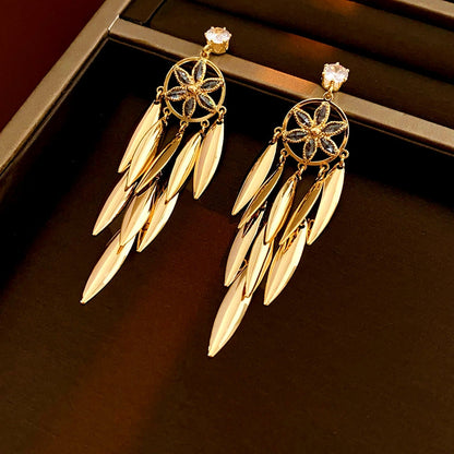 14K Gold-Plated Zircon Leaf Tassel Earrings