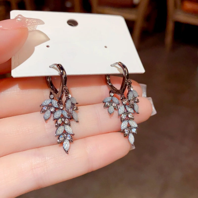 14K Gold-Plated Zircon Leaf Tassel Earrings
