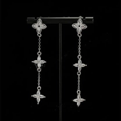 14K Gold-Plated Zircon Leaf Tassel Earrings