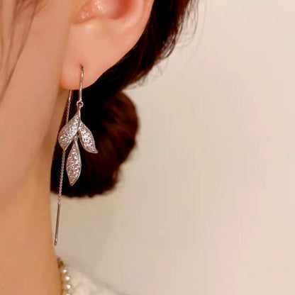 14K Gold-Plated Zircon Leaf Threader Tassel Earrings