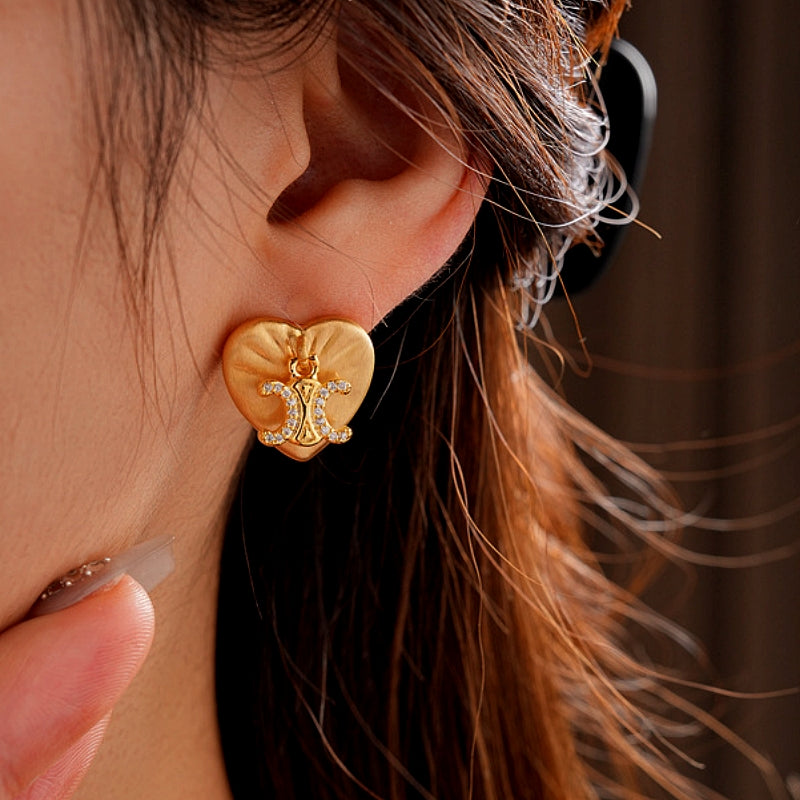 14K Gold-Plated Zircon Letter Heart Stud Earrings