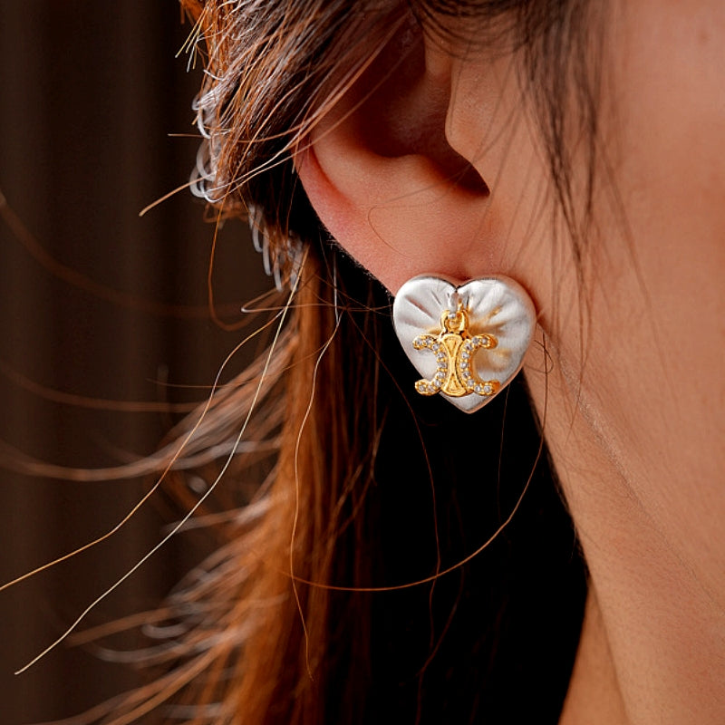 14K Gold-Plated Zircon Letter Heart Stud Earrings