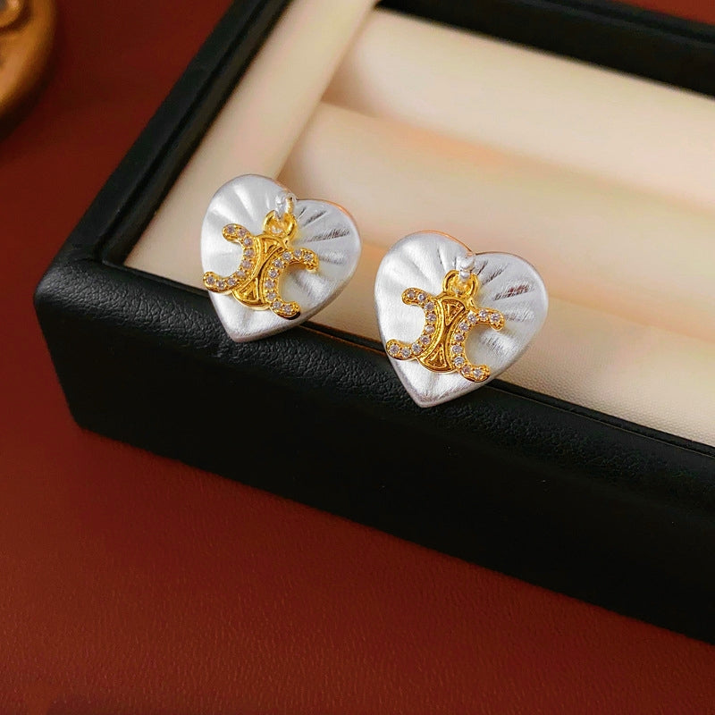 14K Gold-Plated Zircon Letter Heart Stud Earrings