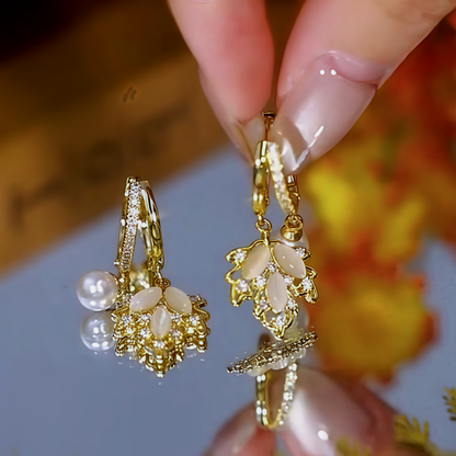 14K Gold-Plated Zircon Maple Leaf Pearl Earrings
