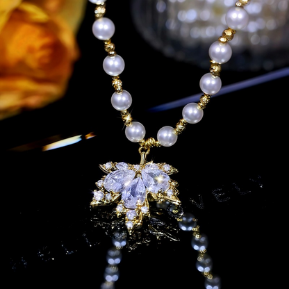 14K Gold-Plated Zircon Maple Leaf Pearl Necklace