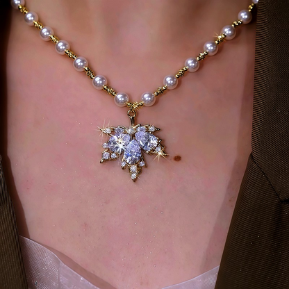 14K Gold-Plated Zircon Maple Leaf Pearl Necklace