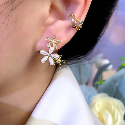 14K Gold-Plated Zircon Pearl Flower Earrings