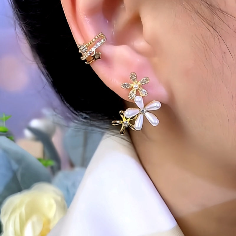 14K Gold-Plated Zircon Pearl Flower Earrings