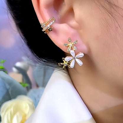14K Gold-Plated Zircon Pearl Flower Earrings