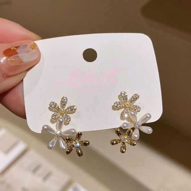 14K Gold-Plated Zircon Pearl Flower Earrings