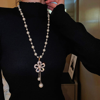 14K Gold-Plated Zircon Pearl Flower Necklace