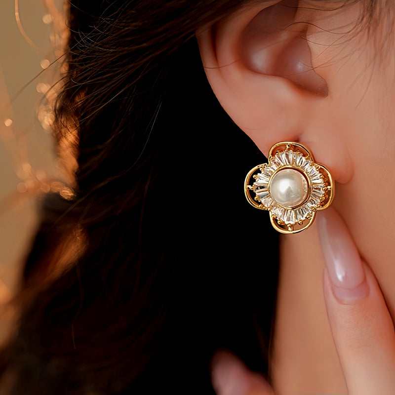 14K Gold-Plated Zircon Pearl Flower Stud Earrings