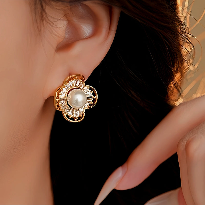 14K Gold-Plated Zircon Pearl Flower Stud Earrings