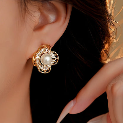14K Gold-Plated Zircon Pearl Flower Stud Earrings
