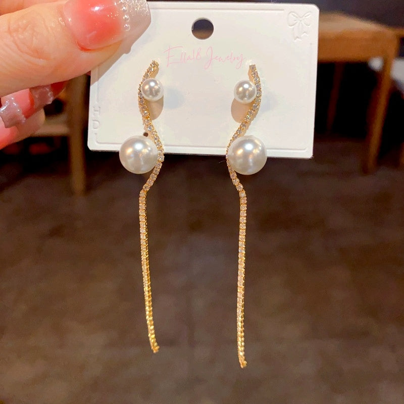 14K Gold-Plated Zircon Pearl Long Tassel Earrings