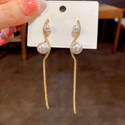 14K Gold-Plated Zircon Pearl Long Tassel Earrings