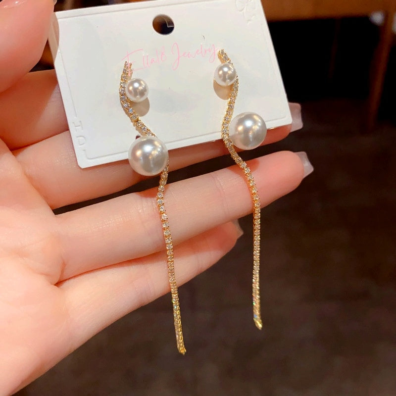 14K Gold-Plated Zircon Pearl Long Tassel Earrings