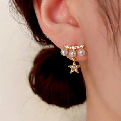 14K Gold-Plated Zircon Pearl Star Earrings