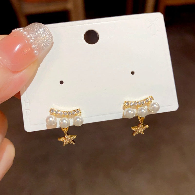 14K Gold-Plated Zircon Pearl Star Earrings