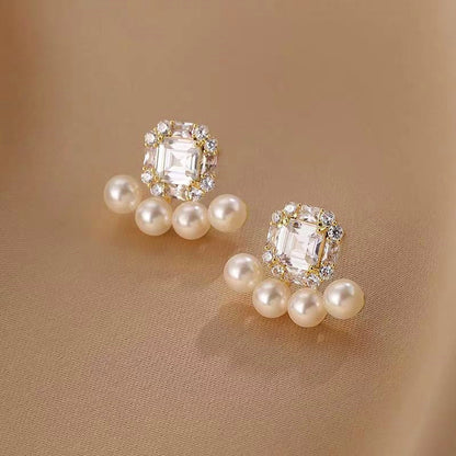 14K Gold-Plated Zircon Pearl Stud Earrings