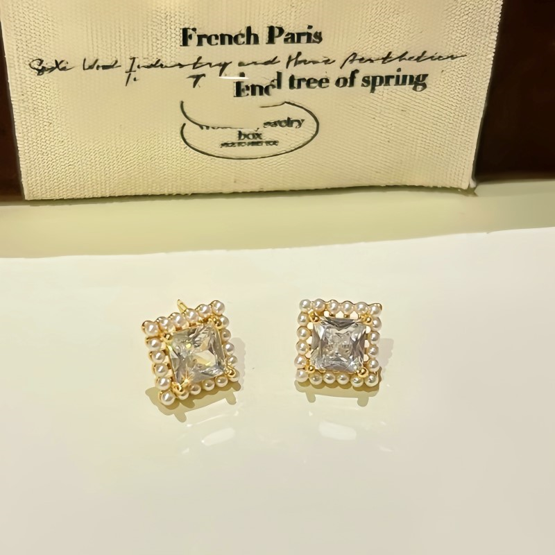 14K Gold-Plated Zircon Pearl Stud Earrings