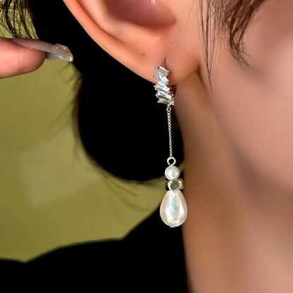 14K Gold-Plated Zircon Pearl Tassel Earrings