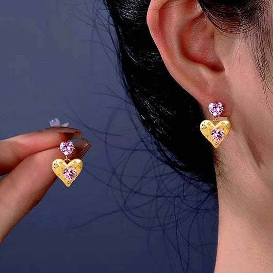 14K Gold-Plated Zircon Pink Double Heart-Shaped Earrings