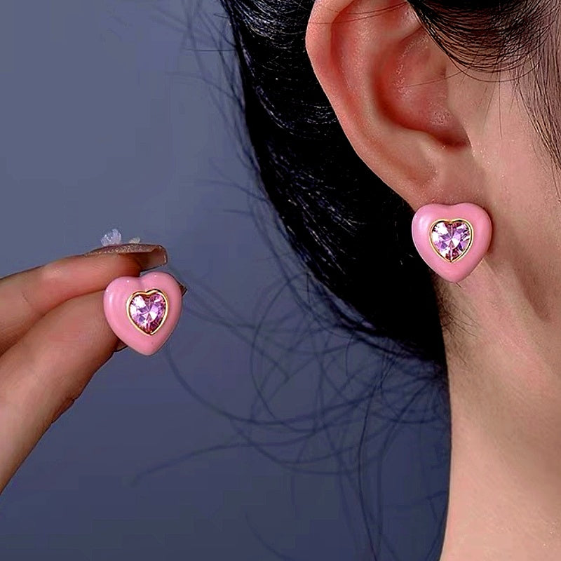 14K Gold-Plated Zircon Pink Heart Earrings