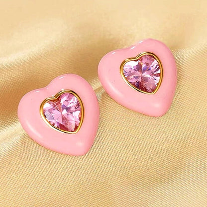 14K Gold-Plated Zircon Pink Heart Earrings