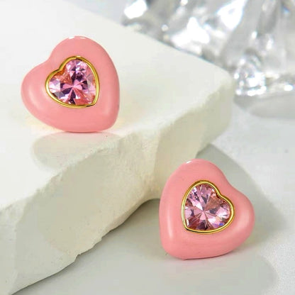 14K Gold-Plated Zircon Pink Heart Earrings